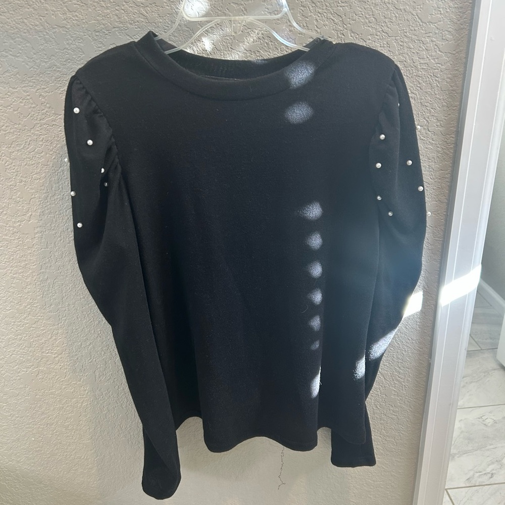 Chic Black Long Sleeve Top with Pearl Details